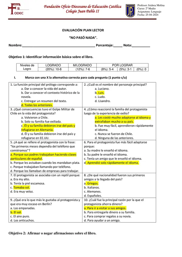 Evaluación Plan Lector "No pasó nada"