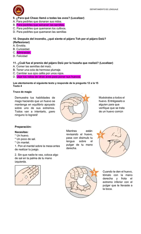 Guía de comprensión de lectura Cuarto básico