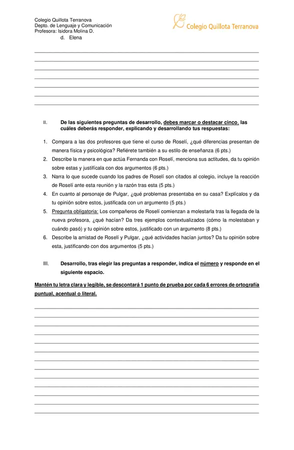 Evaluación Plan Lector "Roselí, querida Roselí"
