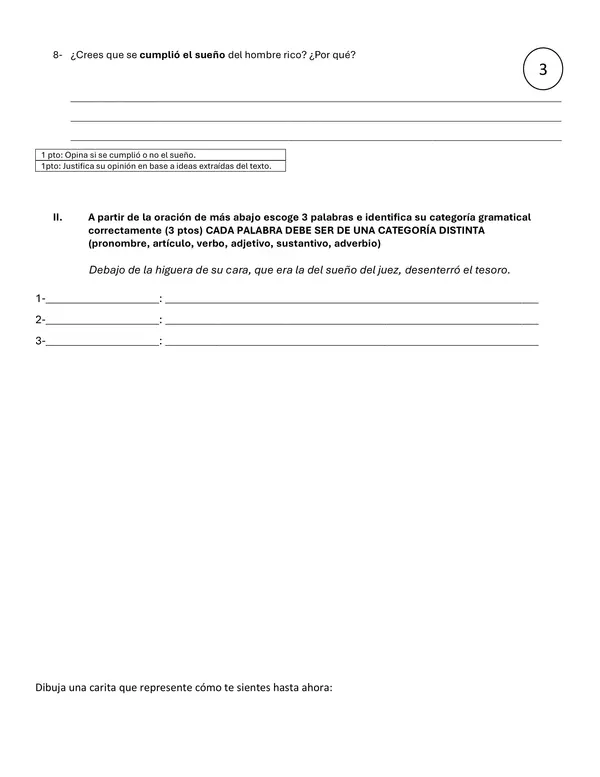 Evaluación de la comprensión de cuento, gramática y palabras homófonas