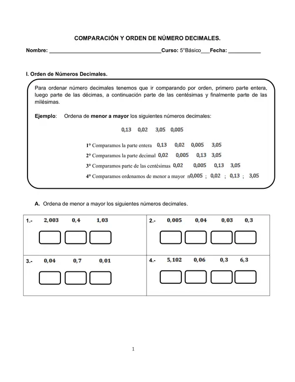 GUIA DE ESTUDIO: COMPARACIÓN Y ORDEN DE NÚMERO DECIMALES. 