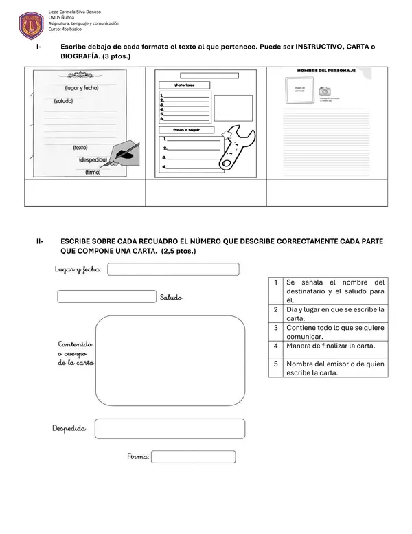 Prueba de comprensión lectora de géneros carta, instructivo, noticia y biografía