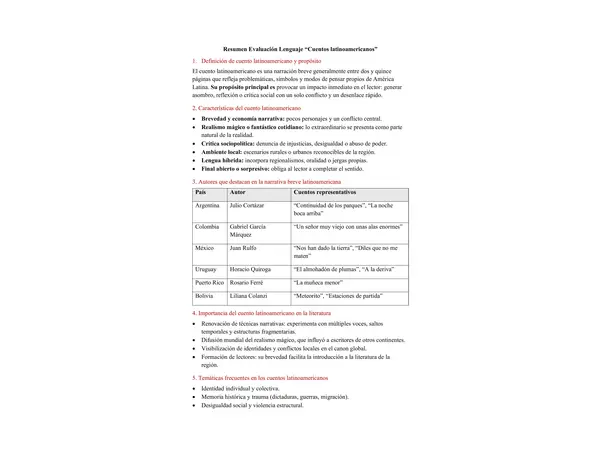 Resumen para la evaluación - UNIDAD Cuentos Latinoamericanos.