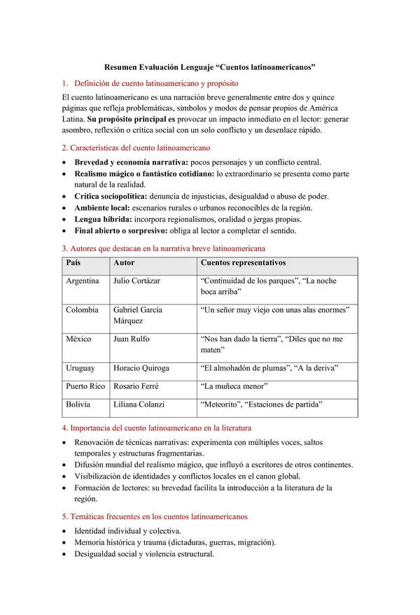 Resumen para la evaluación - UNIDAD Cuentos Latinoamericanos.