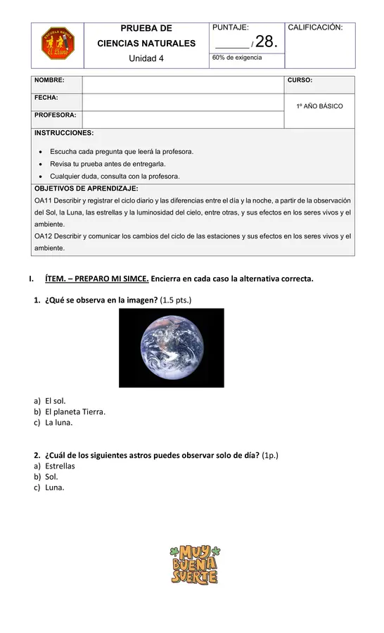 Prueba de Ciencias Naturales Unidad 4 Primero básico. 