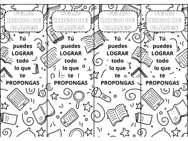 Recortable tarjeta feliz inicio de clases con frase en blanco y negro para pintar.