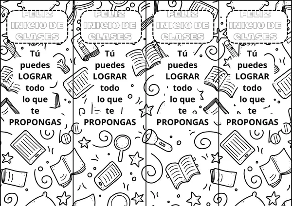 Recortable tarjeta feliz inicio de clases con frase en blanco y negro para pintar.