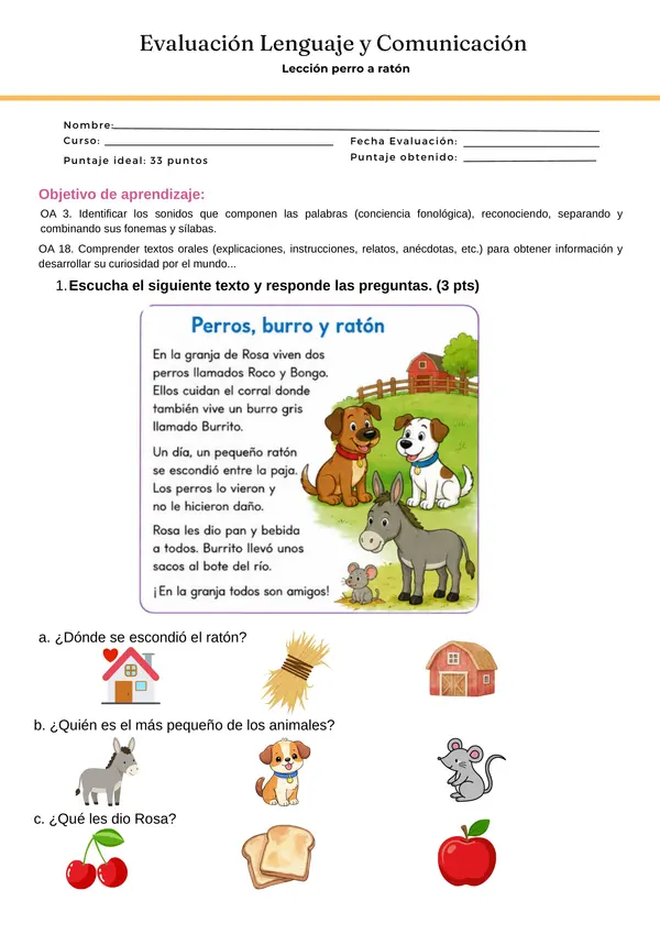 Evaluación Método Matte Lección Perro. Burro y Ratón