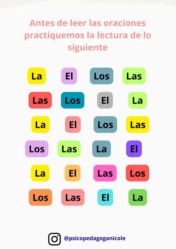 Lectura y comprensión de oraciones simples con artículos definidos