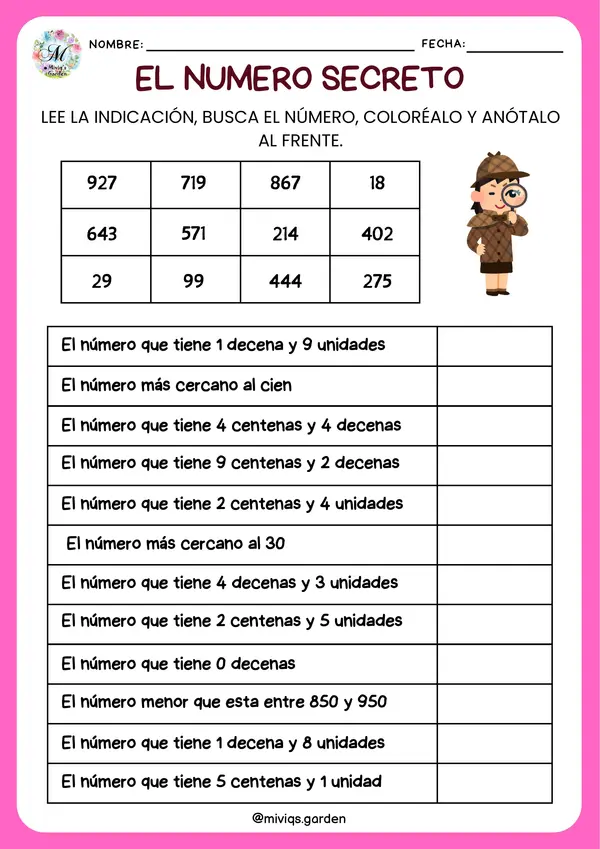 Detective de Números (Valor posicional 3 y 4 cifras)