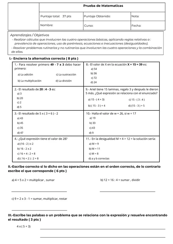 Prueba de matemáticas 