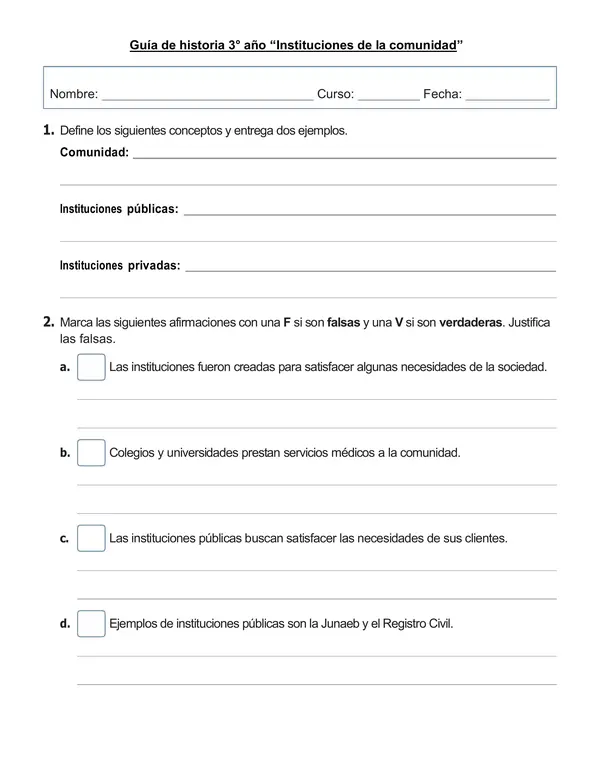 Guía de historia 3° año  "Instituciones de la comunidad"