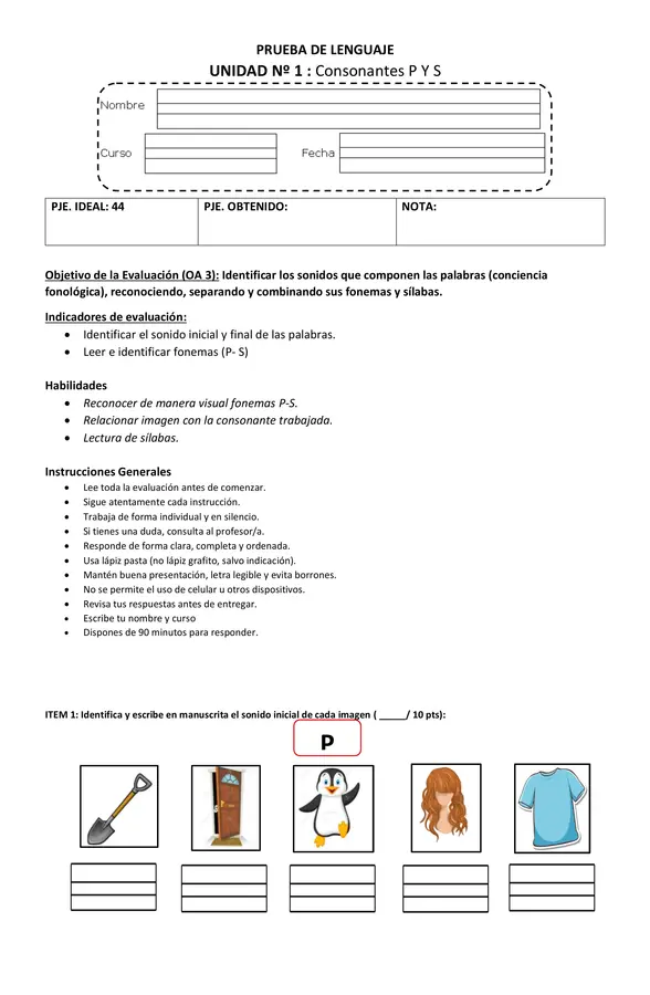 Evaluación letra P-S
