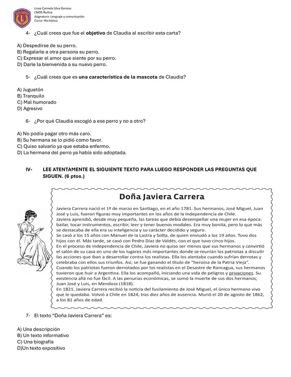 Prueba de comprensión lectora de géneros carta, instructivo, noticia y biografía