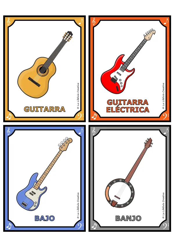 Tarjetas Ilustrativas Instrumentos Musicales Música Color Blanco y negro