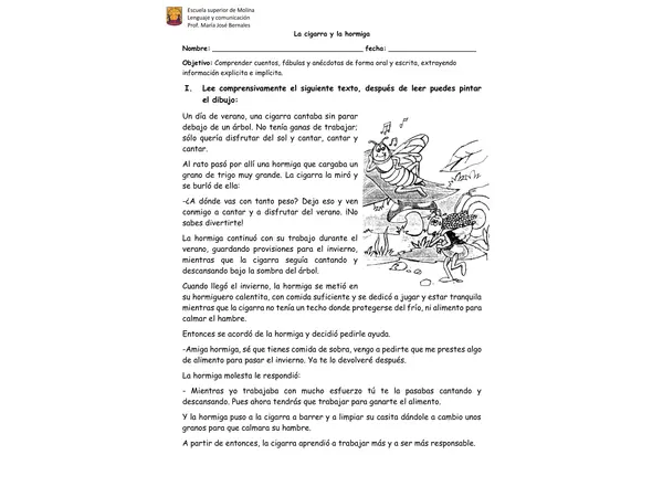 Comprensión lectora "La cigarra y la hormiga"
