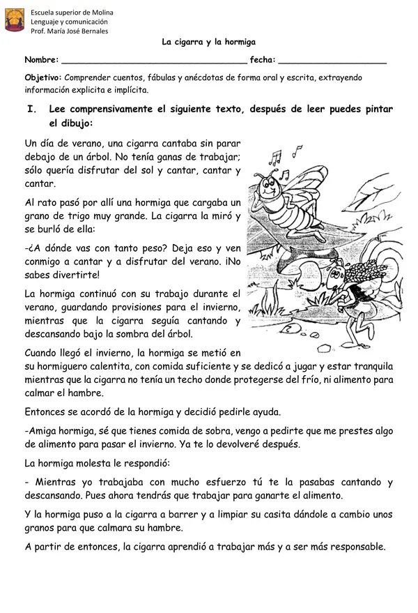 Comprensión lectora "La cigarra y la hormiga"