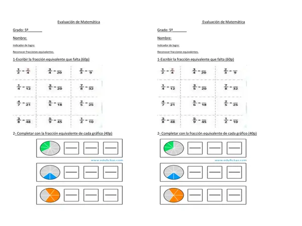 Evaluación de matemática , FRACCIONES EQUIVALENTES