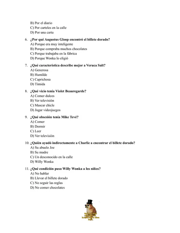 Prueba Charlie y la fábrica de chocolates 6°
