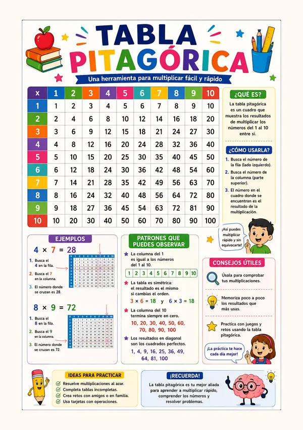 Tabla Pitagórica Imprimible | Póster de Multiplicación | Recurso Matemático para Primaria