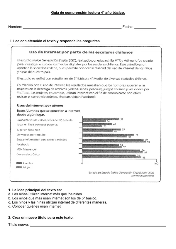 Guía de comprensión: artículo informativo: "Uso de internet por parte de los escolares", 4° básico.