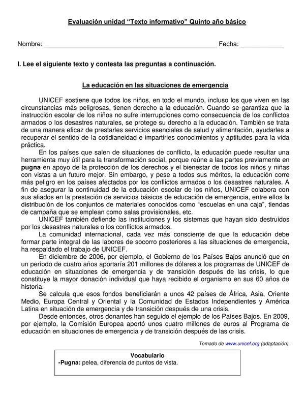 Evaluación editable de lenguaje "Artículo informativo" 5° año.