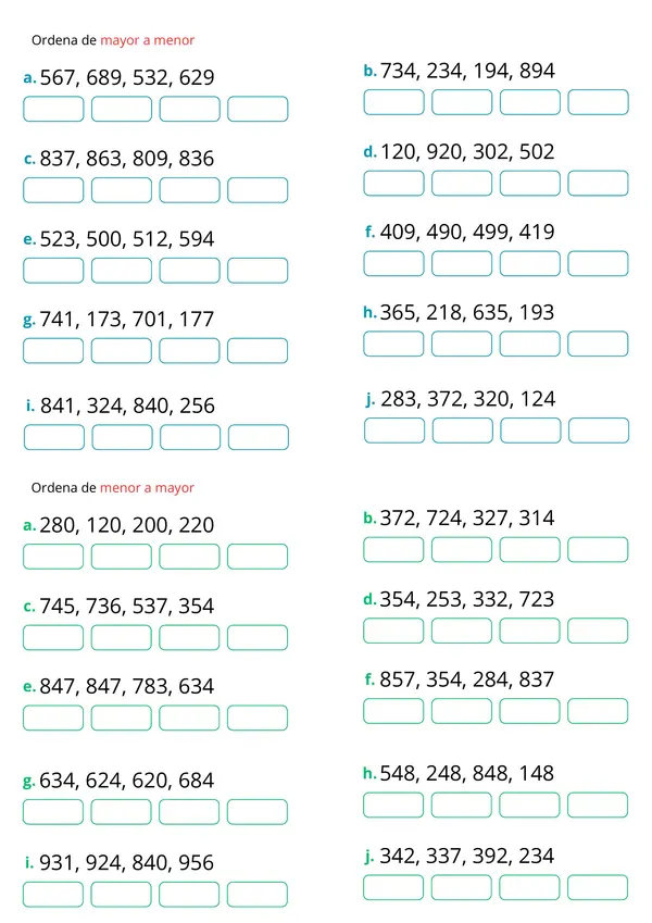 Comparar y ordenar números hasta 1000