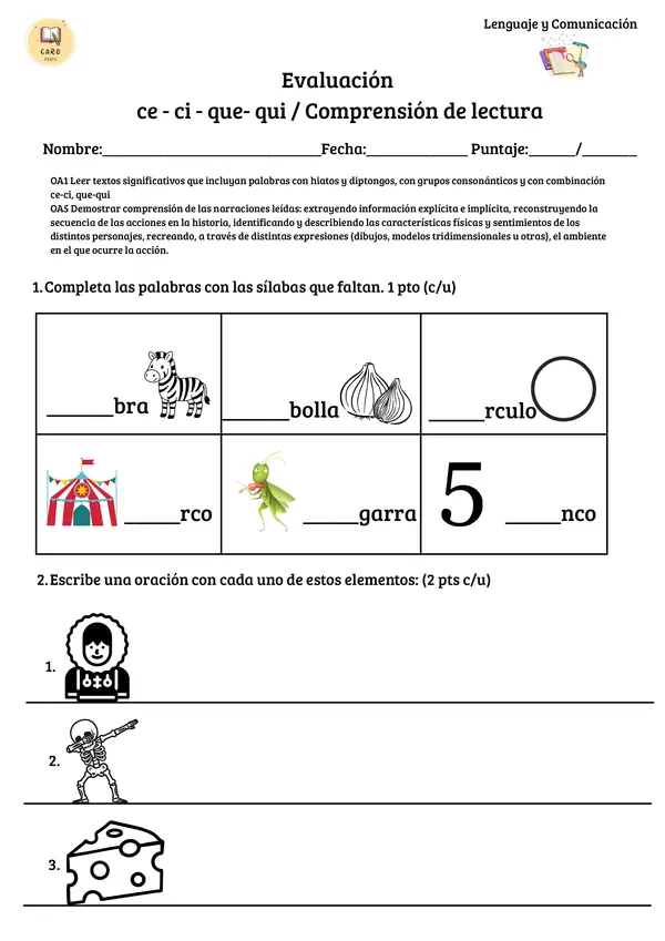 Evaluación ce- ci - que - qui /Comprensión de lectura