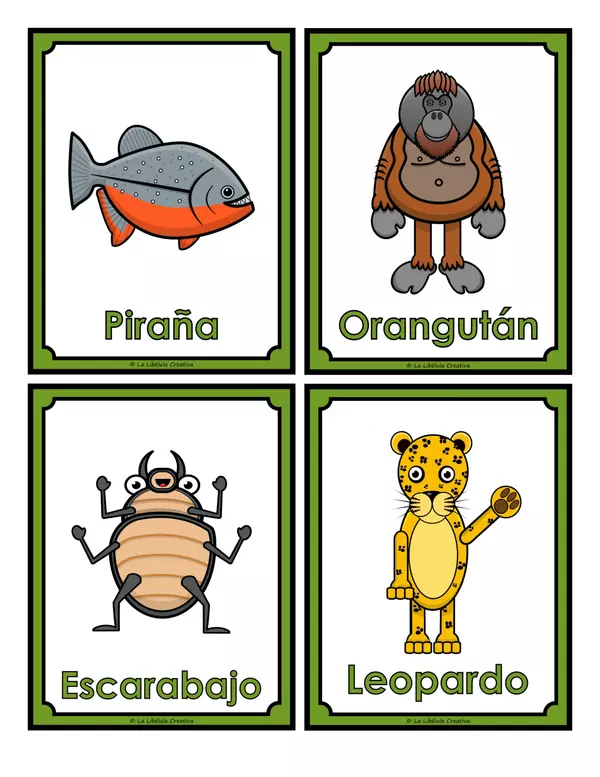Tarjetas Ilustrativas Selva Animales Recortar Color 