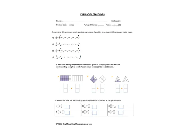 Evaluación Fracciones equivalentes, amplificación y simplificación