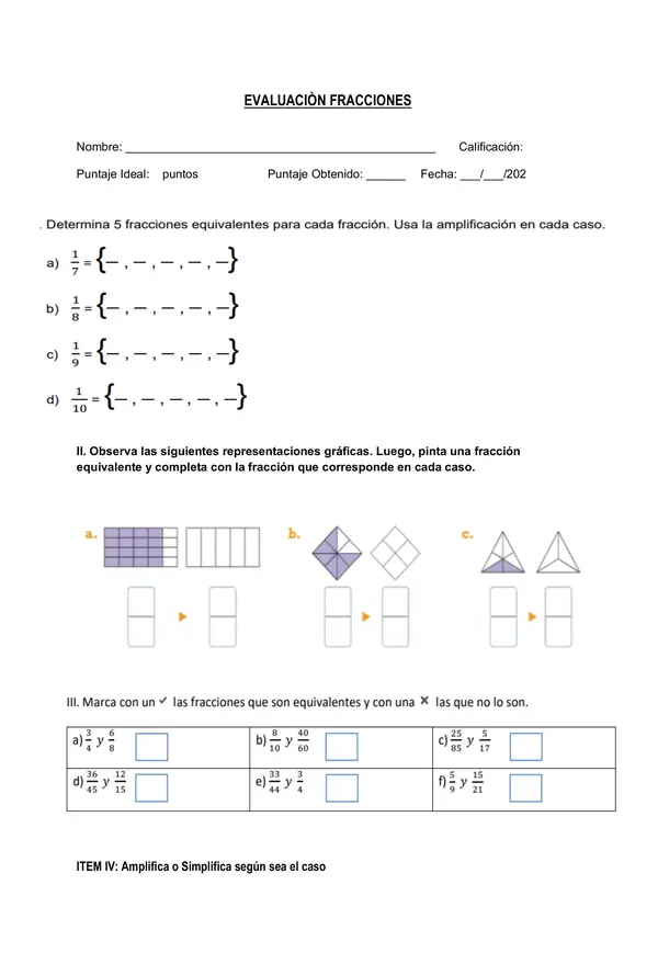 Evaluación Fracciones equivalentes, amplificación y simplificación