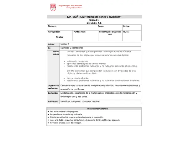 Prueba escrita multiplicaciones y divisiones 
