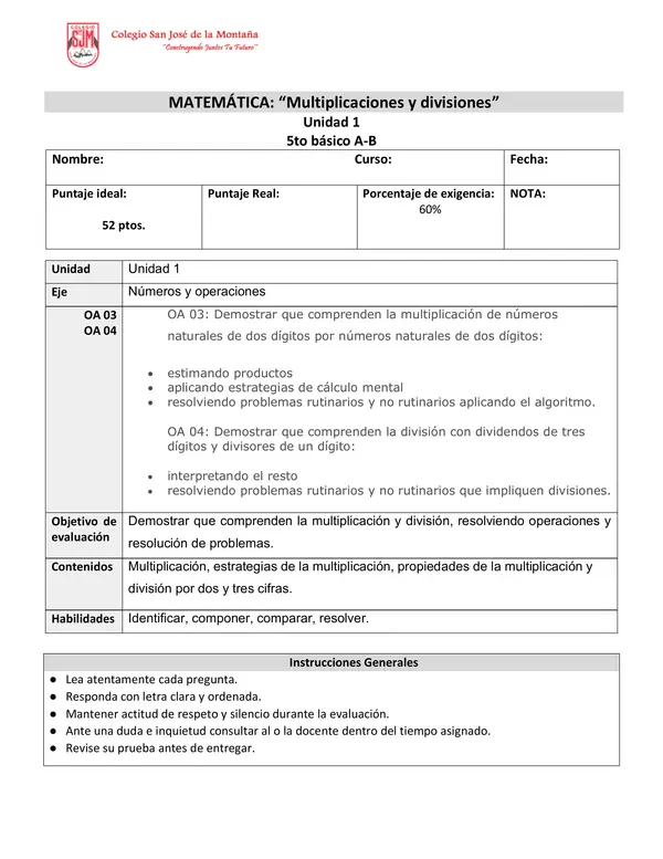 Prueba escrita multiplicaciones y divisiones 