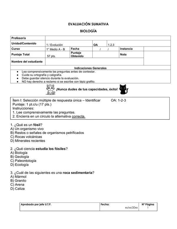 Evaluación Sumativa de Biología – 1° Medio - Unidad 1: Evolución