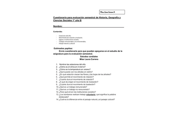 Cuestionario de estudio I semestre historia para 1° Básico.