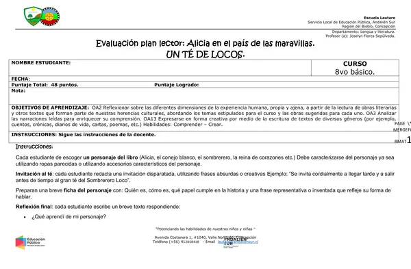 Evaluación plan lector: Alicia en el país de las maravillas.  UN TÉ DE LOCOS.