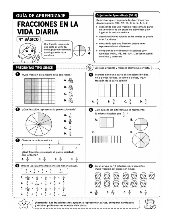 Guías de aprendizaje ,FRACCIONES CUARTO BÁSICO
