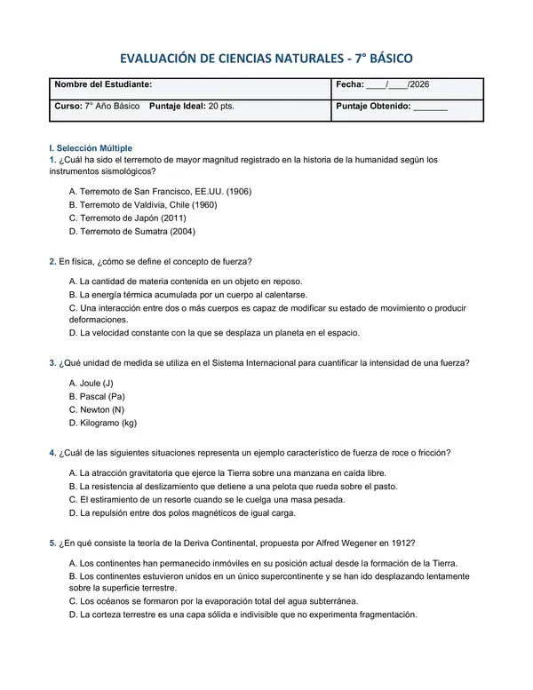 Evaluacion ciencias naturales 7° básico