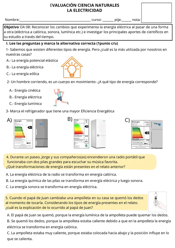 Evaluación de Ciencias Naturales: Energía Eléctrica - Transformaciones y Fuentes