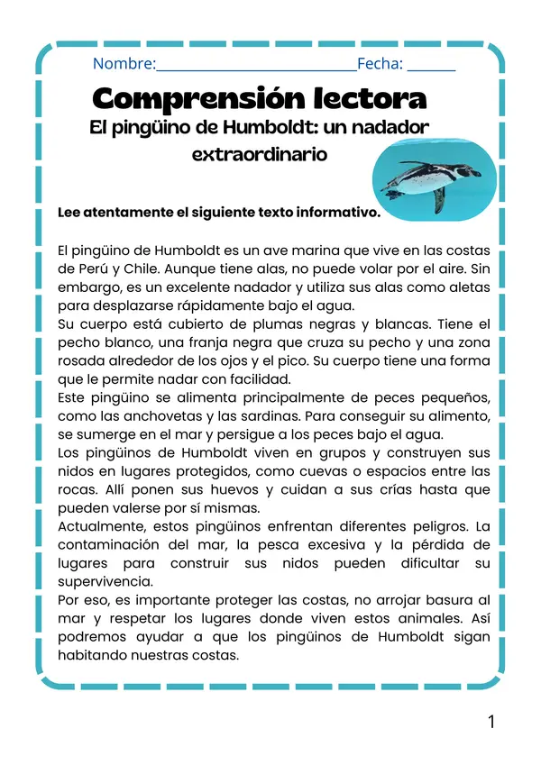 Guía de Comprensión Lectora: El pingüino de Humboldt (Texto Informativo) Impulso lector