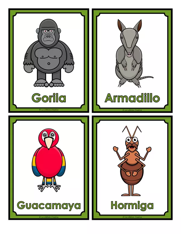 Tarjetas Ilustrativas Selva Animales Recortar Color 