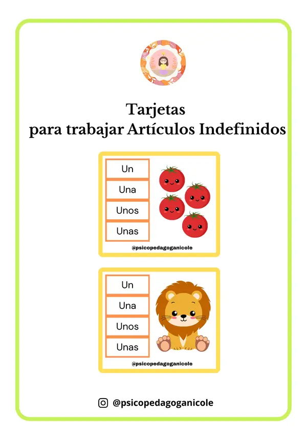 Tarjetas con Artículos Indefinidos
