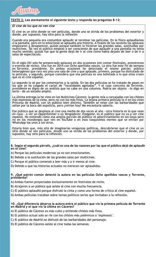 ENSAYO SIMCE LENGUAJE OCTAVO BÁSICO 2026 - POR AURINASTORE