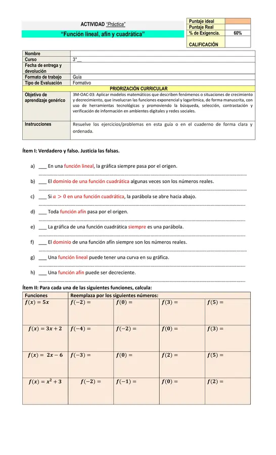 función lineal, afín y cuadrática