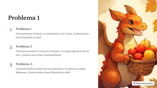 20 problemas de sumas de 2 dígitos con Charizard