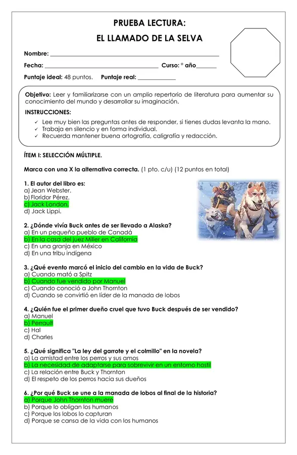 Prueba Lectura - El llamado de la selva
