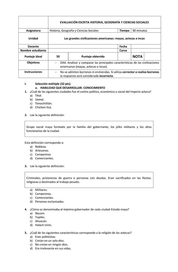 Evaluación | Mayas y Aztecas | Cuarto Básico 