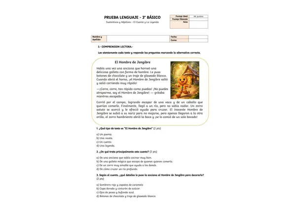 PRUEBA SUSTANTIVOS ADJETIVOS Y COMPRENSION LECTORA