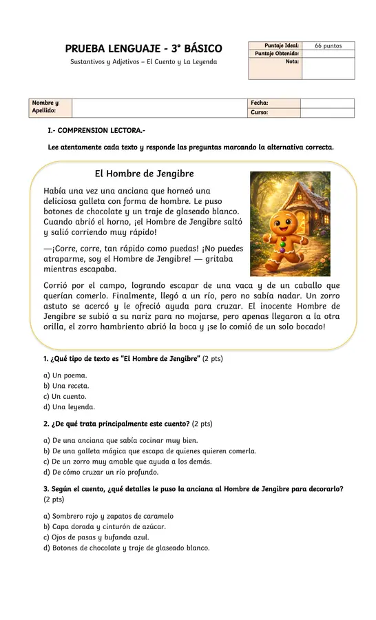PRUEBA SUSTANTIVOS ADJETIVOS Y COMPRENSION LECTORA