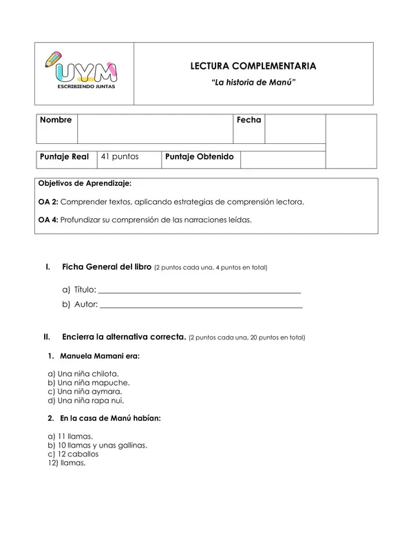 Evaluación lectura “La historia de Manú”